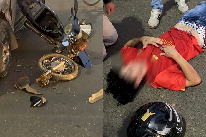 Motociclista e passageira ficam feridos após colisão com caminhonete em cruzamento de Vilhena