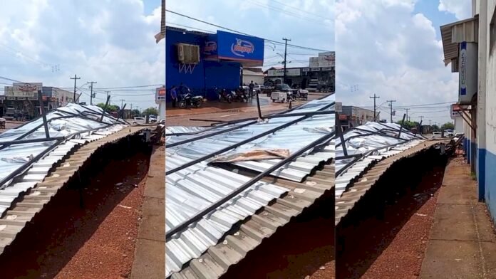 Temporal com ventos fortes danifica cobertura de comércio no Centro de Cujubim
